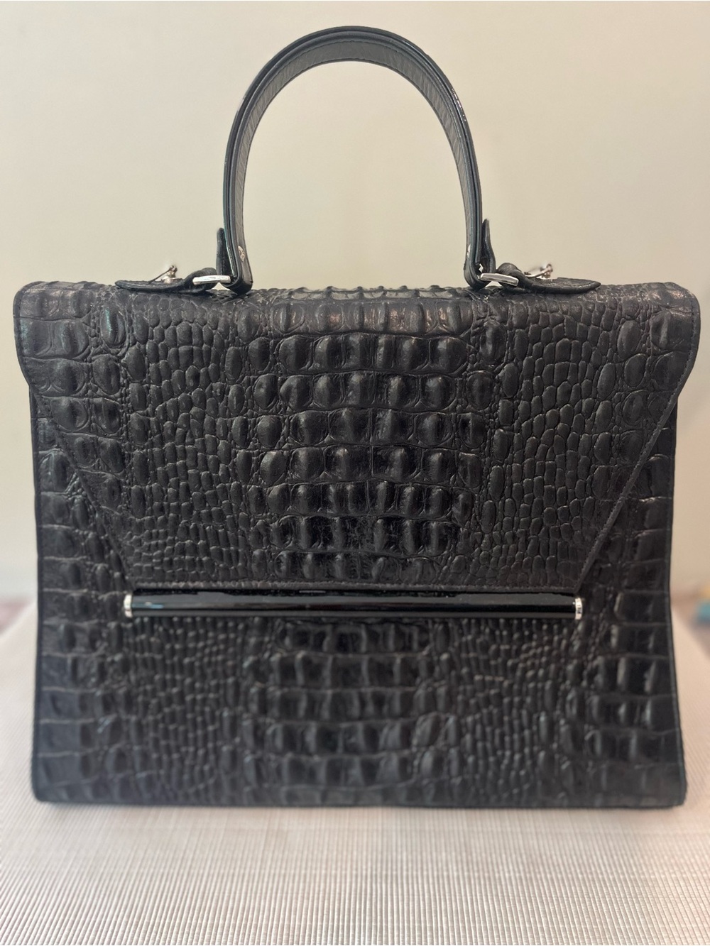 Black Croc-Texture Top Handle Shoulder Bag - Picture 4 of 16